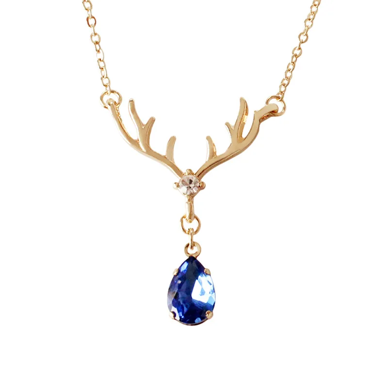 

Gold Color Link Chain Elk Horn Rhinestone Blue Crystal Wapiti Pendant Necklace Royalblue Stone Elk Antlers For Women Lady Girls