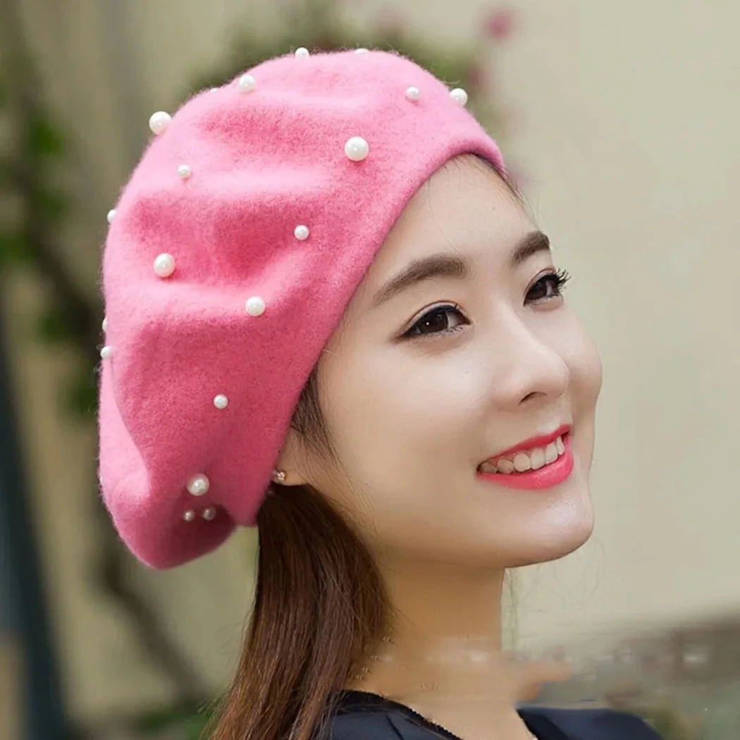 

Elegant Pearl Beret Caps Female Bonnet Women Winter Wool Winter Warm Bead Beret Ladies Autumn Girl Sweet Painter Hat Feminina