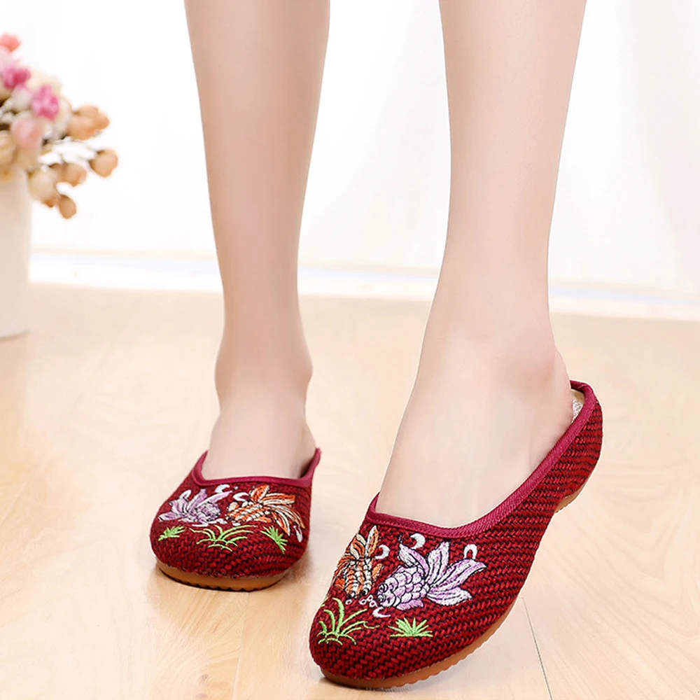 Китайские сандалии с вышивкой в этническом стиле; женские льняные тапочки без задника из пеньки; женские комфортные плоские туфли для отдыха с закрытым носком; Sapatos