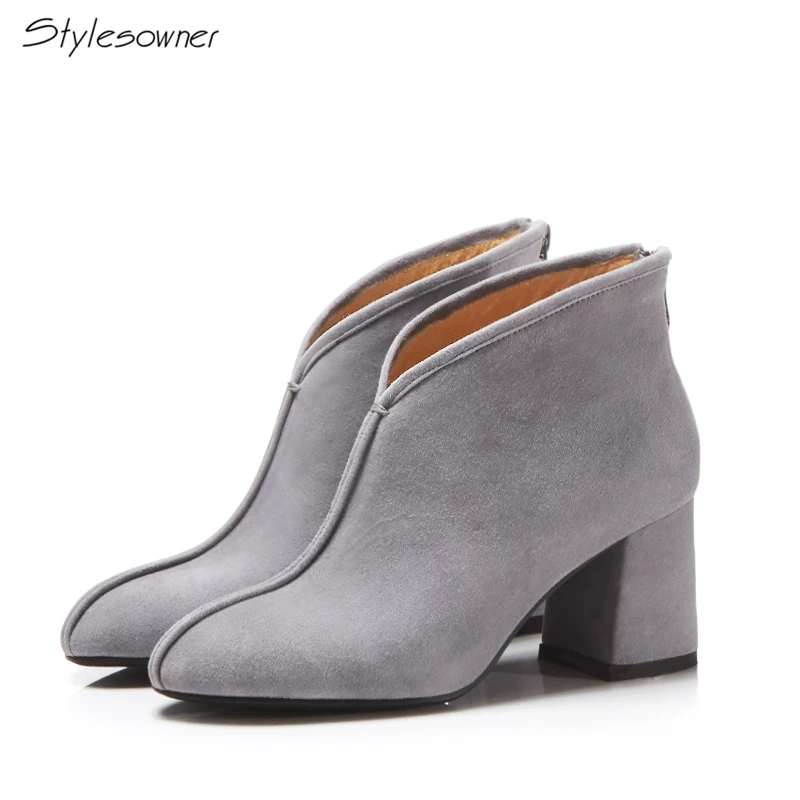 

Stylesowner New Chic V Shaped Zipper Ankle Boots Suede Leather Chunky Heels Shoes Women Comfortable Ankle Boots Big Size 33~42EU