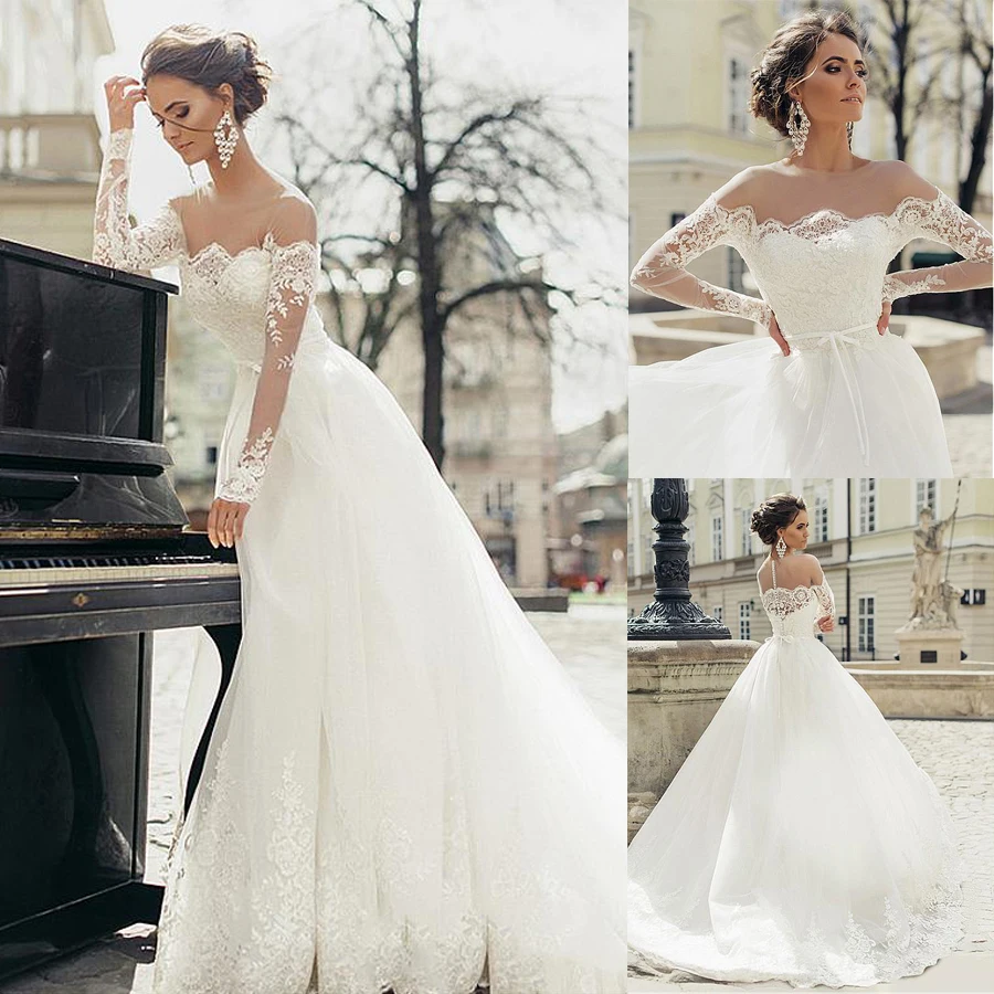 

Gorgeous Tulle Sheer Off the Shoulder Jewel Neckline A-line Wedding Dresses With Lace Appliques Long Sleeves Bridal Gowns
