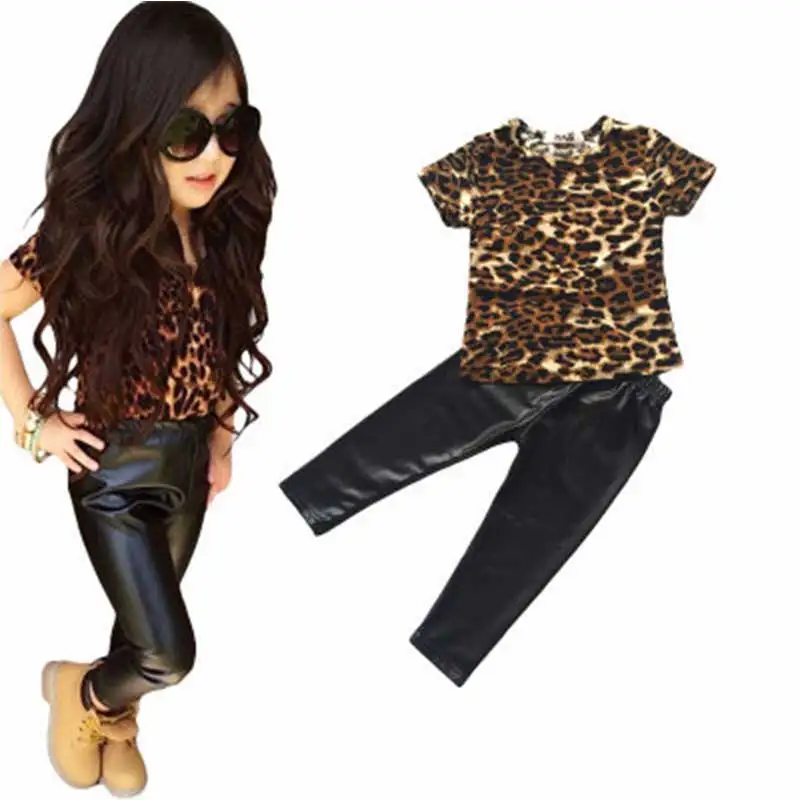 

2019 summer fashion new girls leopard short sleeve + leggings suit