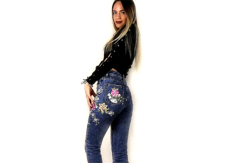 European and American women's ultra-popular stereo 3D heavy bird flower before and after embroidery high waist Slim straight jea (2)