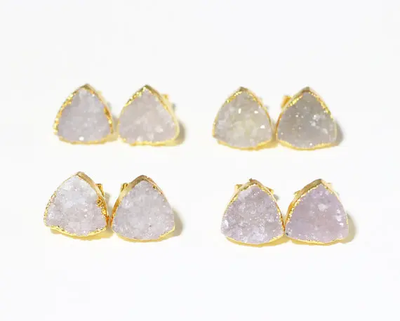 

WT-E150 Wholesale pink color tiny tirangle studs druzy triangle studs gold dipped in 10 mm for women