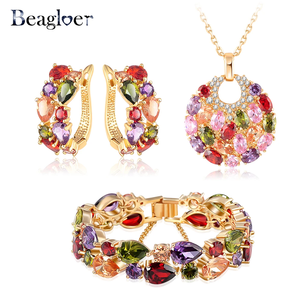 

Beagloer Brand Luxury Gold Color Cubic Zircon Earrings/Necklace/Bracelet Fashionable Women Wedding Jewelry Set CST0029-C