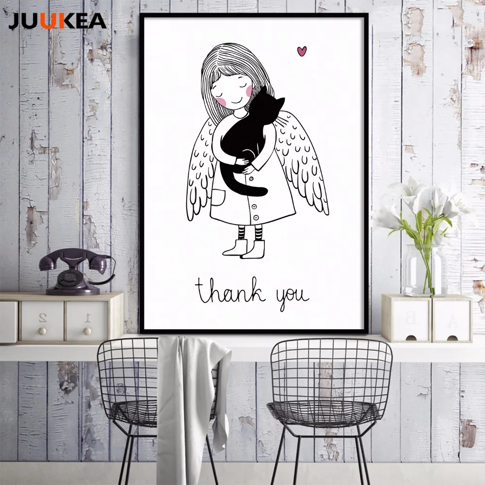 Hitam Putih Kawaii Lucu Perempuan Dan Kucing Terima Kasih Quote