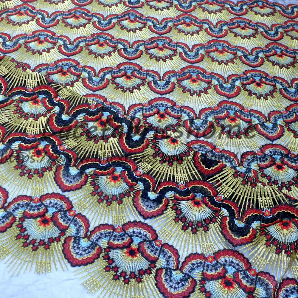 

Hot sales gold blue red mixed color on black netting hollow embroidered dress lace fabric by yard