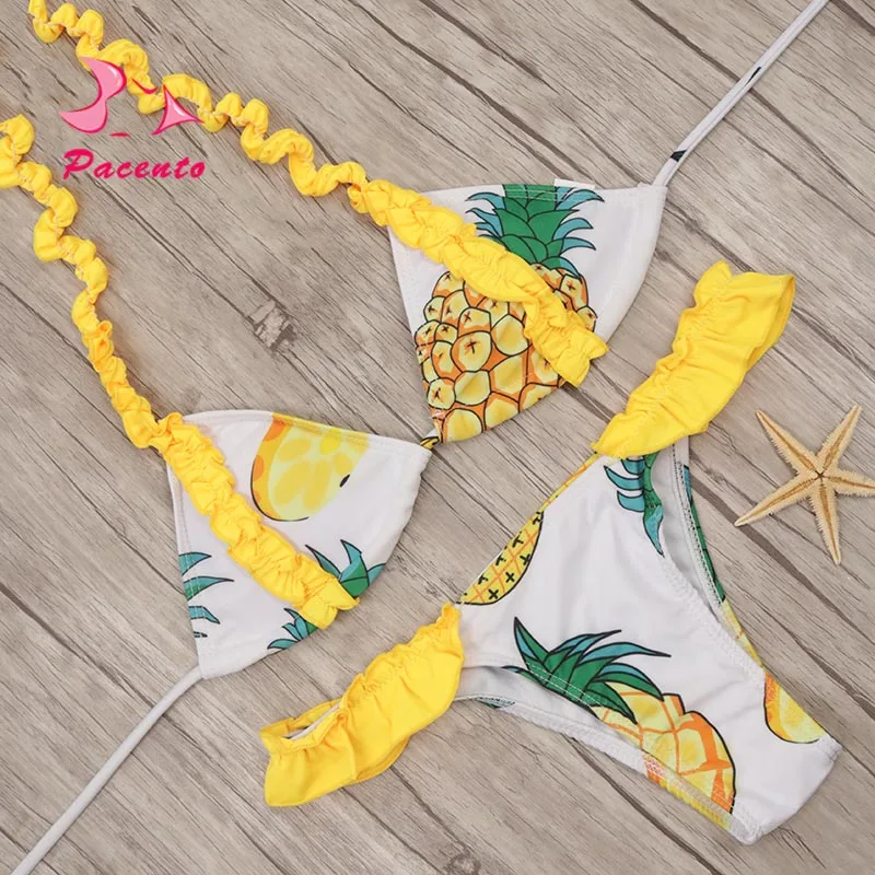 Pacento Abacaxi Swimwear Com Babados Com Tiras Bikini Set Bandage
