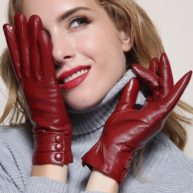 Leather Gloves Ladies Winter Sheepskin Gloves Women'S Thick Warm