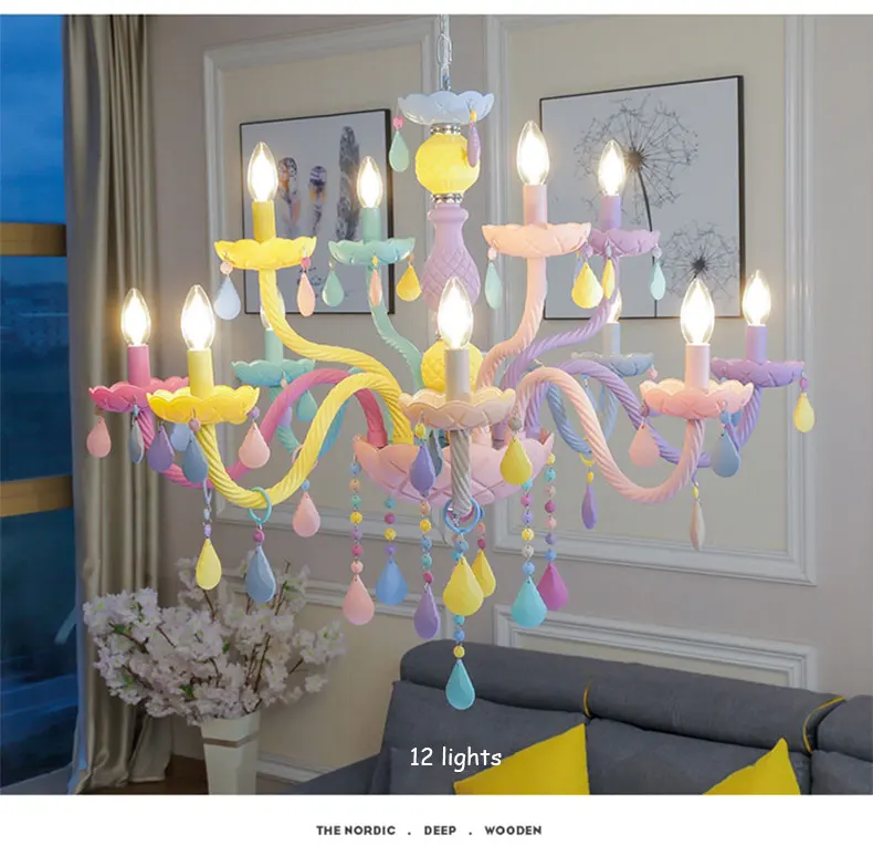 Personality colorful glass for children's room decoration chandelier macaron color crystal LED E14 lighting hanging chain adjust