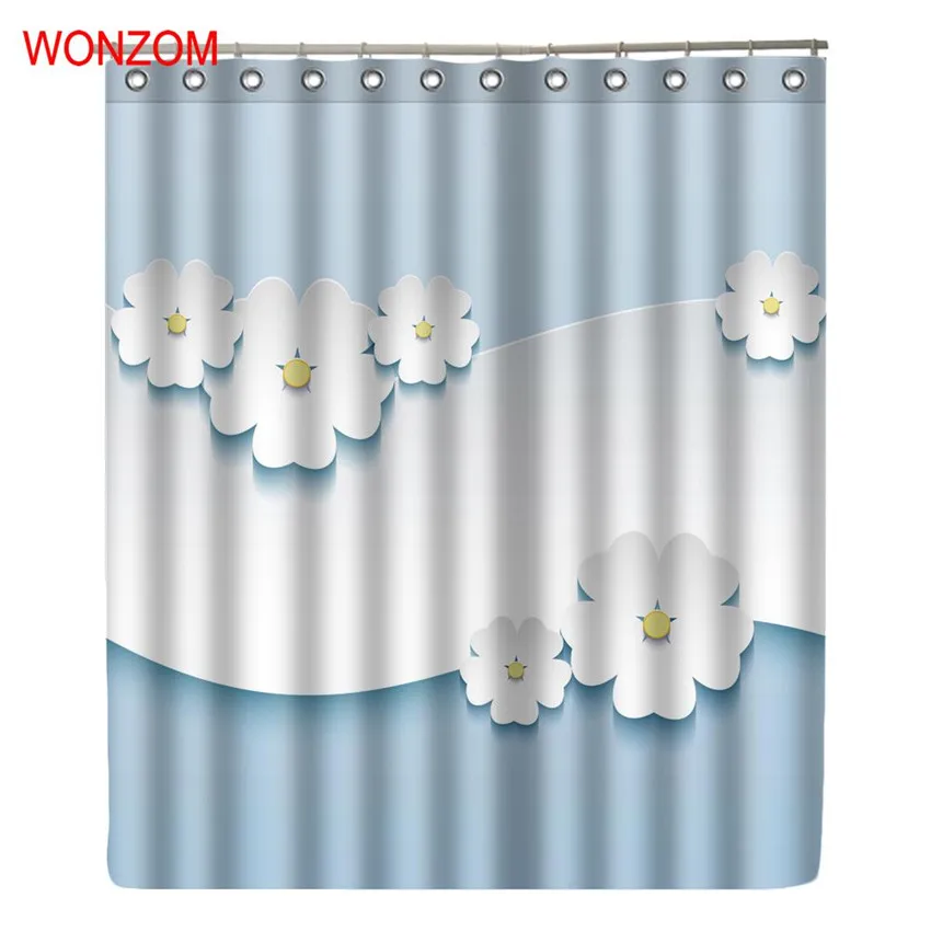 

WONZOM Modern Polyester White Flower Waterproof Shower Curtains For Bathroom Fabric Elegant Bath Curtain With Hooks Gift