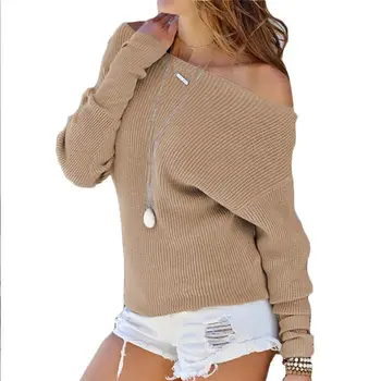 

Women's Autumn Winter Slash Neck Knit Sweater Knitted Long Sleeve Casual Loose Pullover Jumper Sweaters Knitwear femme tops