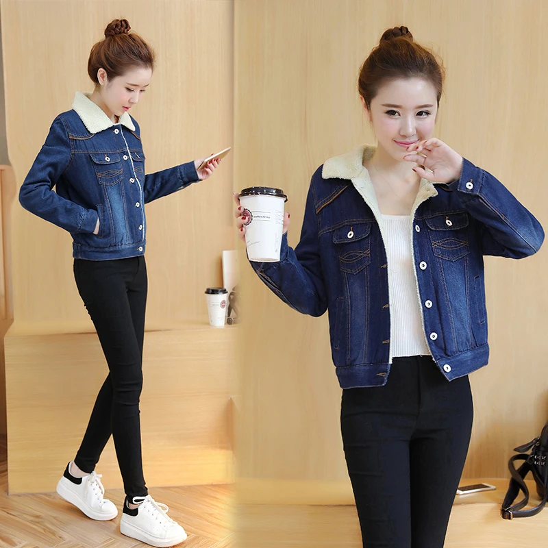 Chaud Slim Femmes Court 2017 New Agneau Laine Bleu Veste Denim Hiver Jean Manteau Cachemire En qZpzTXw