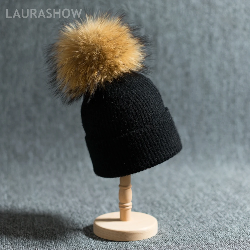 Лауразот норковый шарик из меха енота шапка 16 см помпоны 30% шерстяная зимняя шапка для женщин шапка для девочек вязаные шапки шапка новая женская шапка