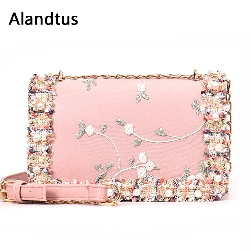 

Alandtus Personanity Lace Flowers Women Bag Female High Quality PU Leather Handbag Sweet Girl Square Bag With Pearl Chain Flap
