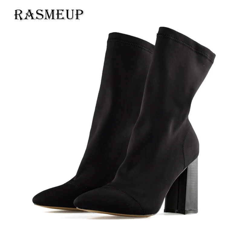 

RASMEUP Sexy Women's High Heel Socks Boots Fashion Woman Autumn Spring Pointed Toe Elastic Ankle Boots Fashion Women Shoes