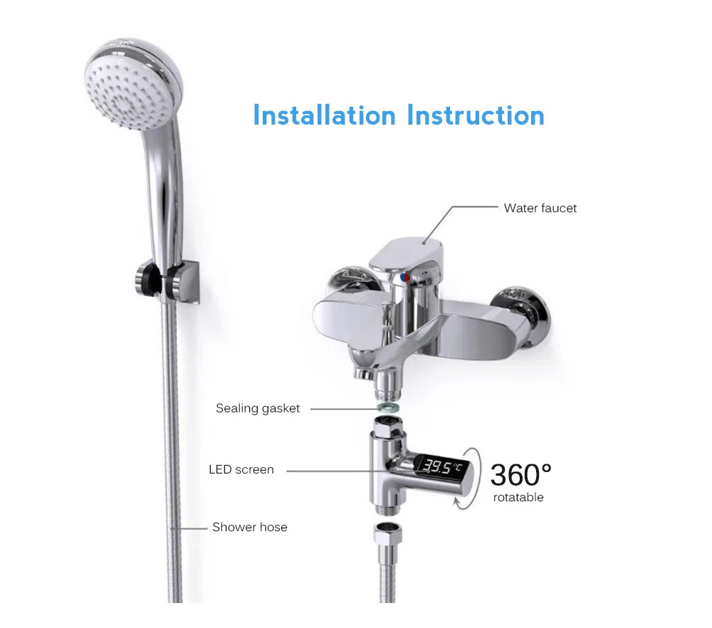 LW-101 LED Display Home Water Shower Thermometer Flow Self-Generating Electricity Water Temperture Meter Monitor For Baby Care