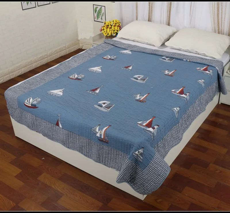 Средиземноморский стиль, парусник, синие ручные Аппликации, лоскутное одеяло, покрывало с кондиционером/покрывало на кровать