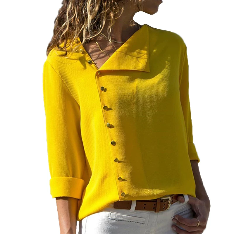 

Ehuanhood 2019 Summer Fashion Button Yellow White Shirt Women Tops Long Sleeve Blouses Tunic Office Chemise For Roupas Feminin