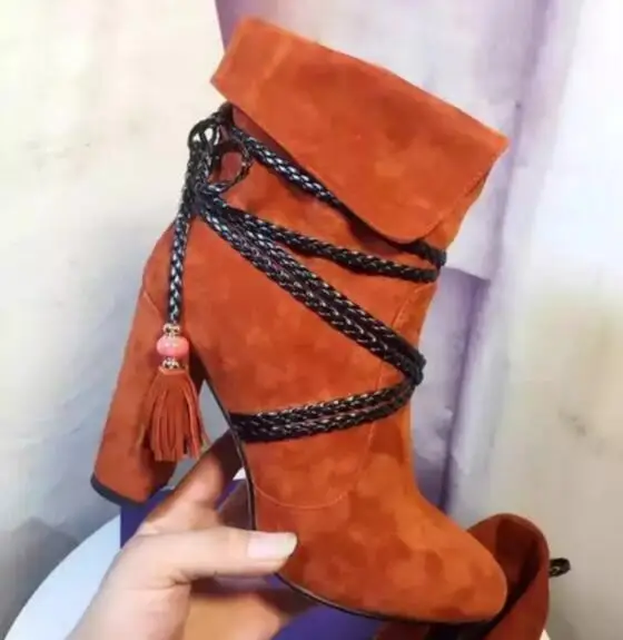 

Fall winter woman booties knitting chains cross-tied ankle boots for woman orange/grey/black thick high heels tassels boots