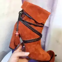 Осенне-зимние женские ботинки с вязаными цепочками, женские ботильоны с перекрестной шнуровкой, Женский оранжевый/серый/черный толстый высокий каблук, ботинки с бахромой