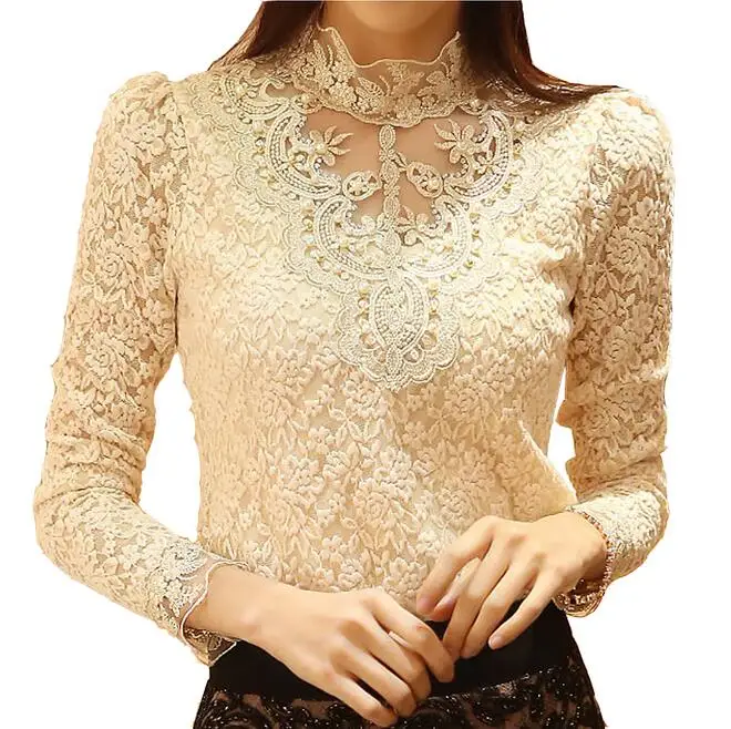 

Lace Blouse 2016 Elegant Long Sleeve Beaded Bodysuit Women Shirts Crochet Lace Tops Women Blusas Roupas Femininas blusa