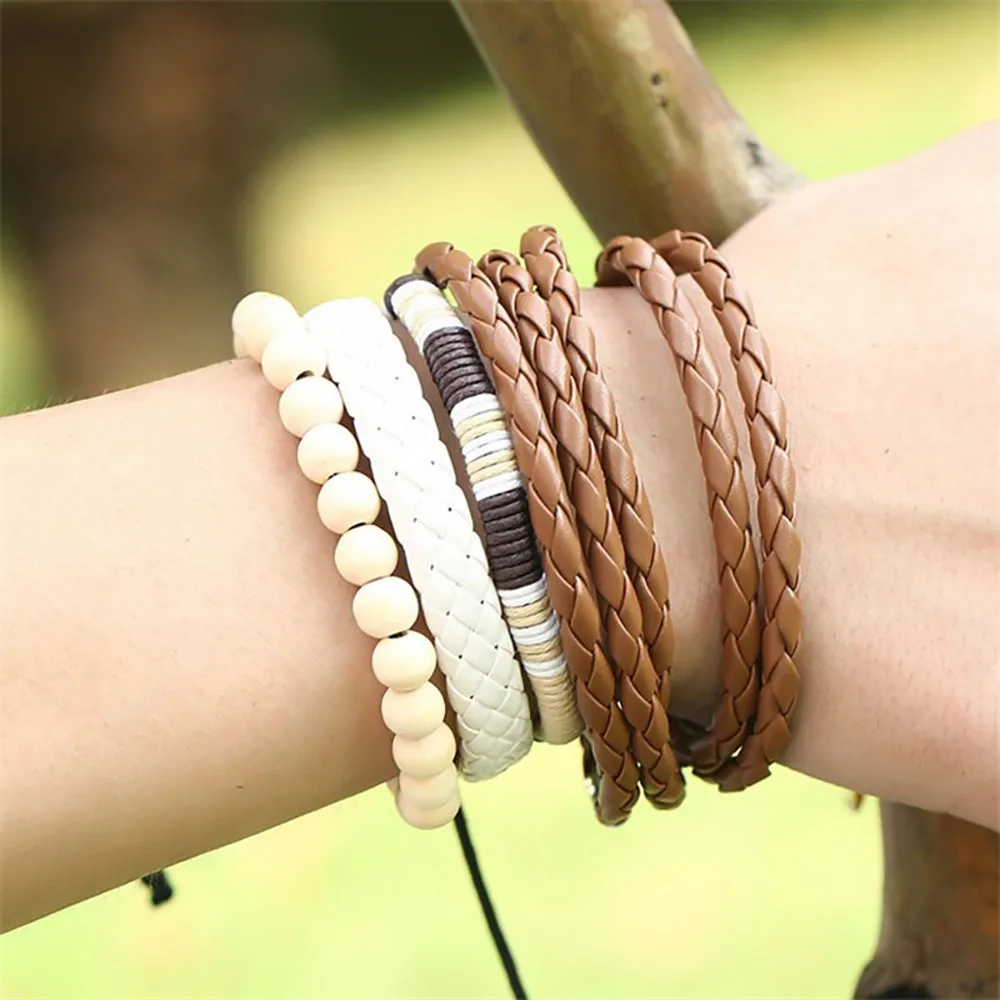 

Simple Vintage Bracelets Woven Faux Leather Bracelet Multi-layer Wooden Bead Bracelet Jewelry Accessories Wristlet Ornaments