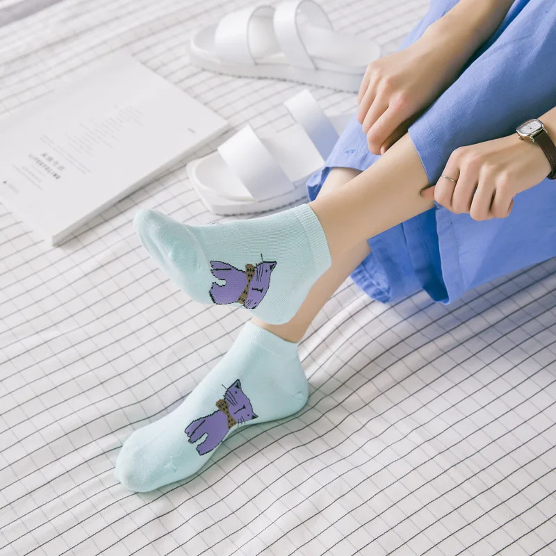 10pcs=5pairs Cute Cartoon Animal Cats Pattern Lovely Women Socks Summer Fashion Casual Harajuku Style Cotton Socks Women