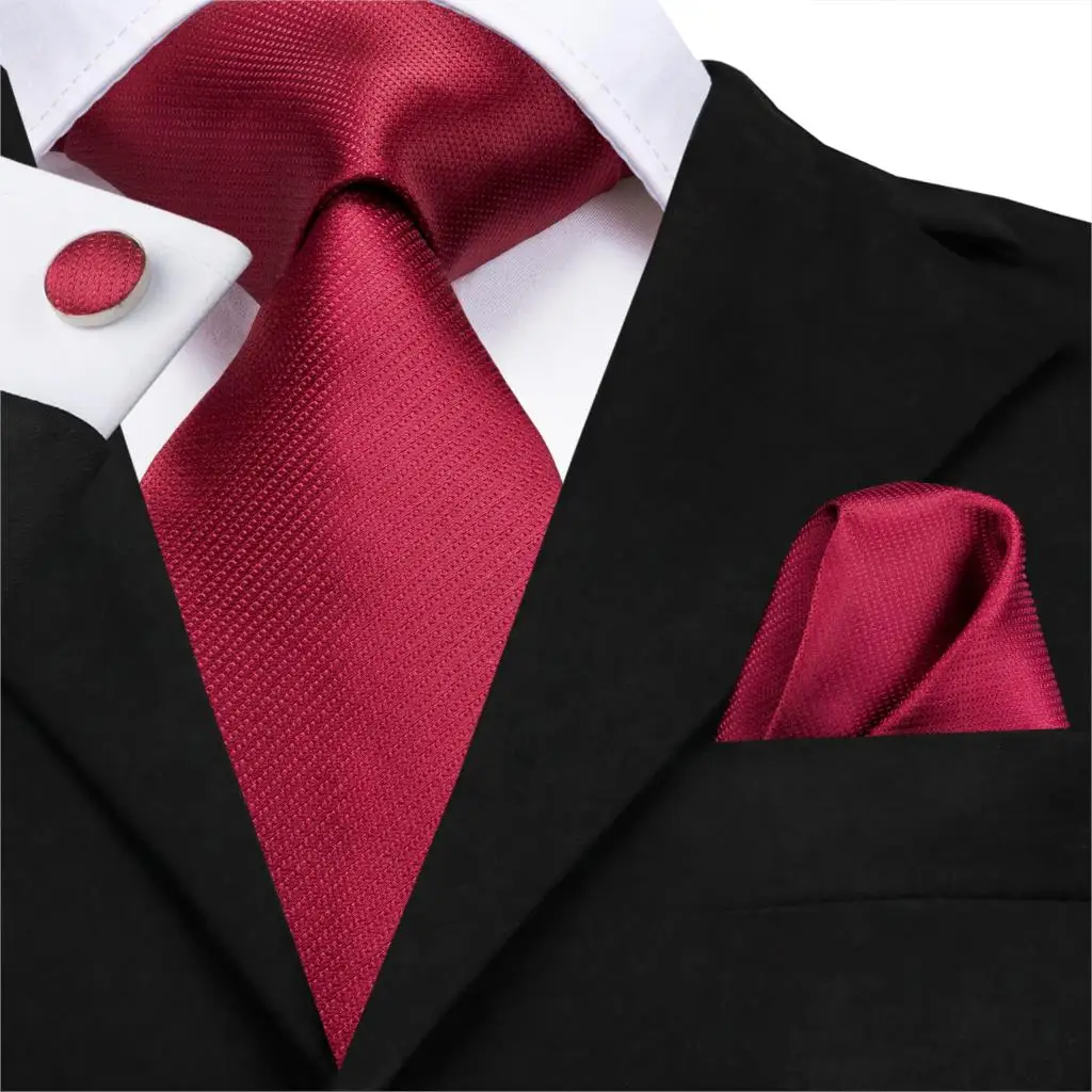 

C-3121 Hi-Tie Plain Silk Men Tie Wine Red Solid Necktie Hanky Cufflinks Set Fashion Men's Classic Party Wedding Tie Set 8.5cm