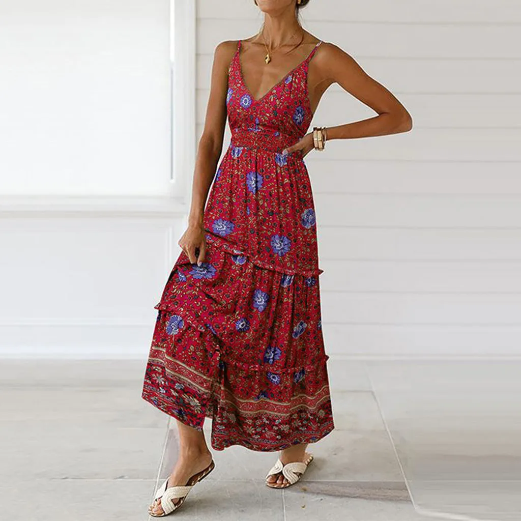 

Bohemia Style Women Summer Dress Vestidos Floral Print Spaghetti Strap Maxi Dress Chic Beach Dress