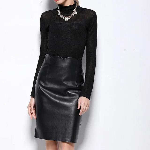 

Womens Real Leather Skirt Sheepskin Sheep Genuine Leather Pencil Skirts Women High Waist Bodycon Black Ladies Midi Skirts Female