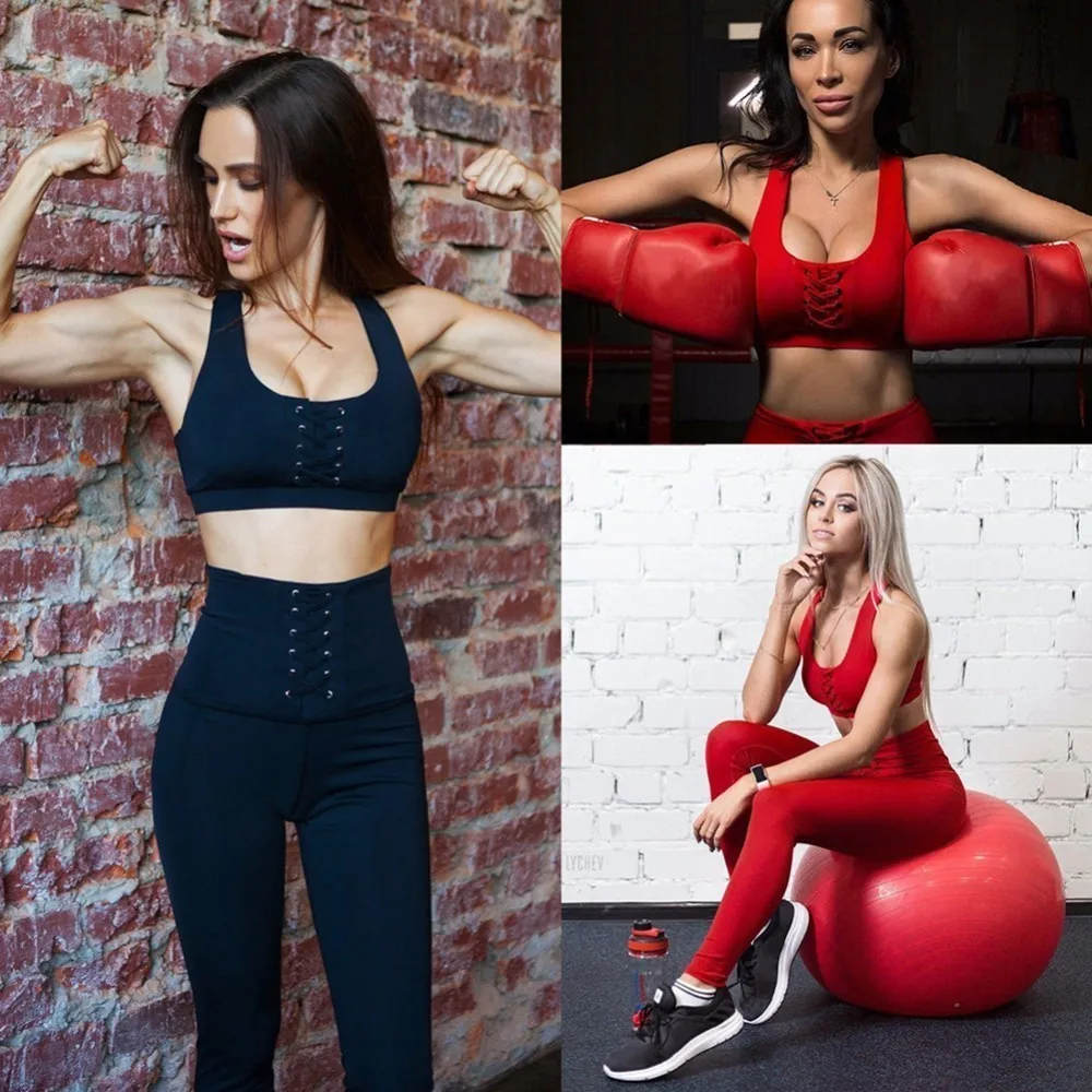 Red Black Women Yoga Set Fitness Sport Bra Crop Tops + Pants Leggings Tracksuits Gym Workout Elastic Breathable Sportswear