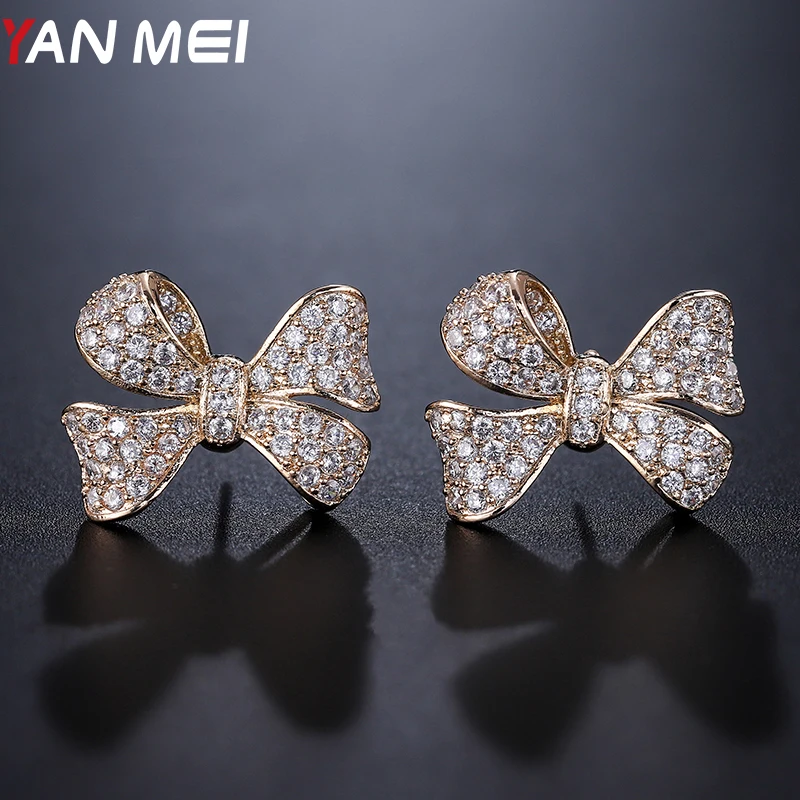 

YANMEI Rhinestone Bowknot Stud Earrings For Women Mirco Korea Design Sparkling Bow Luxury Jewelry Women CZ Party Gifts YME9049