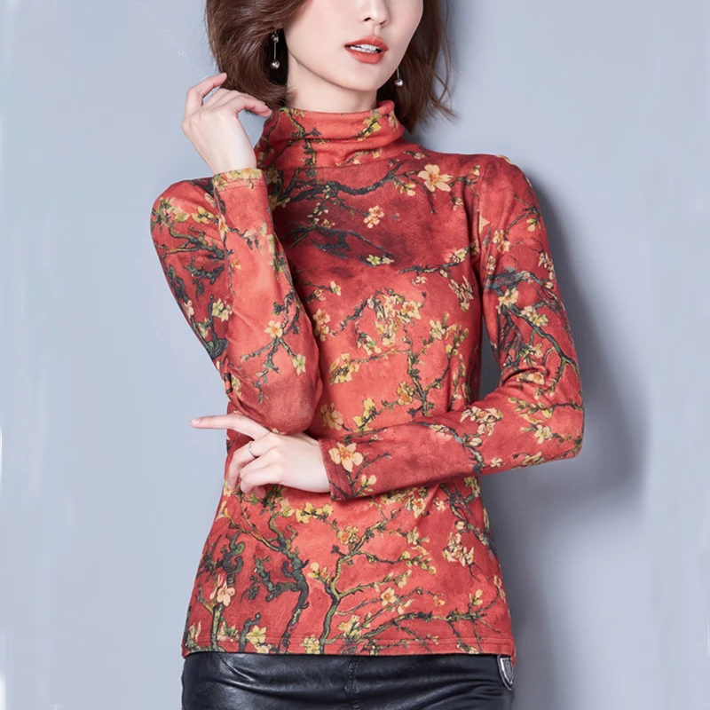 Blusas estampadas de moda para mujer Otoño Invierno cuello alto de manga larga para mujer Tops blusas de talla grande blusas mujer ropa mujer