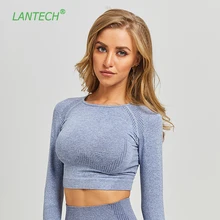 LANTECH женские футболки для спортзала, спортивный бесшовный укороченный топ для йоги, компрессионные трико для фитнеса, рубашка для бега, одежда для тренировок, спортивная одежда