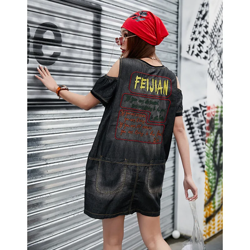 Punk Rock Jean shirt dress Open Shoulder Above Knee women dresses Short Sleeve 2019 New Women Denim Clothing summer LT924S50