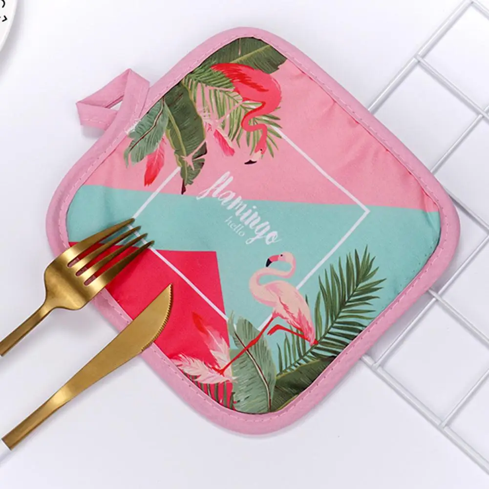 2pcs Flamingo Pattern Microwave Gloves Cotton And Linen Padded High Temperature Resistant Oven Gloves For Kitchen Cooking Tool