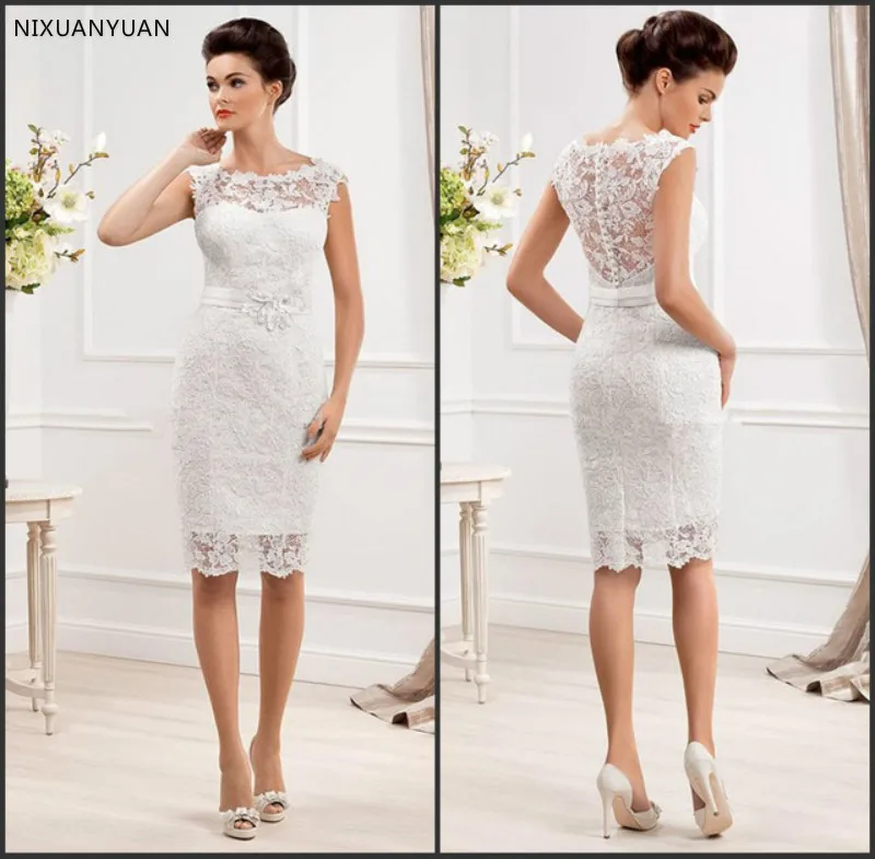 

New Fashionable Cap Sleeve White Short Wedding Lace Dresses 2019 Vestido De Renda Curto Bride Dresses
