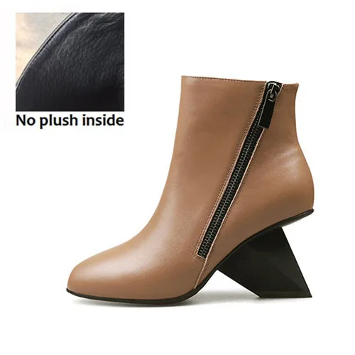 Muyisex/женские ботильоны из натуральной кожи; женские осенние ботинки на танкетке со странным каблуком и двойной молнией; женские ботинки из натуральной кожи; HL08 - Цвет: brown no plush