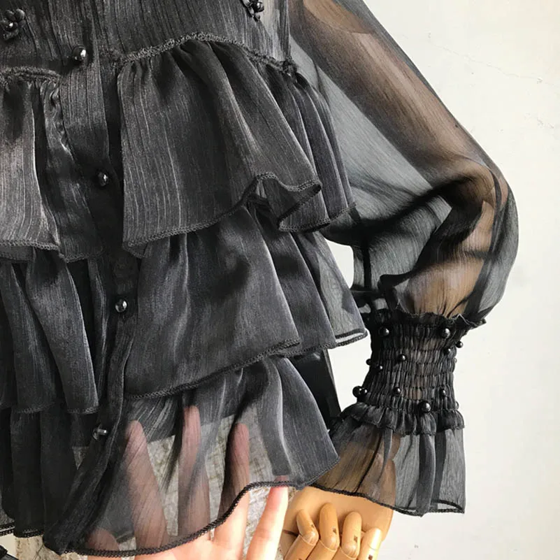 NiceMix 2019 new fashion women's blouse shirt Pearl single-breasted layered ruffled lanterns sleeves elegant court shirt women - 33006550330
