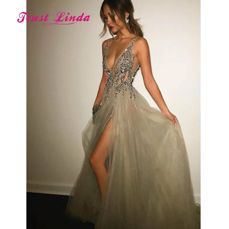 Grey Wedding Guest Dress Floor Length Deep V Neck Rhinestone Woman