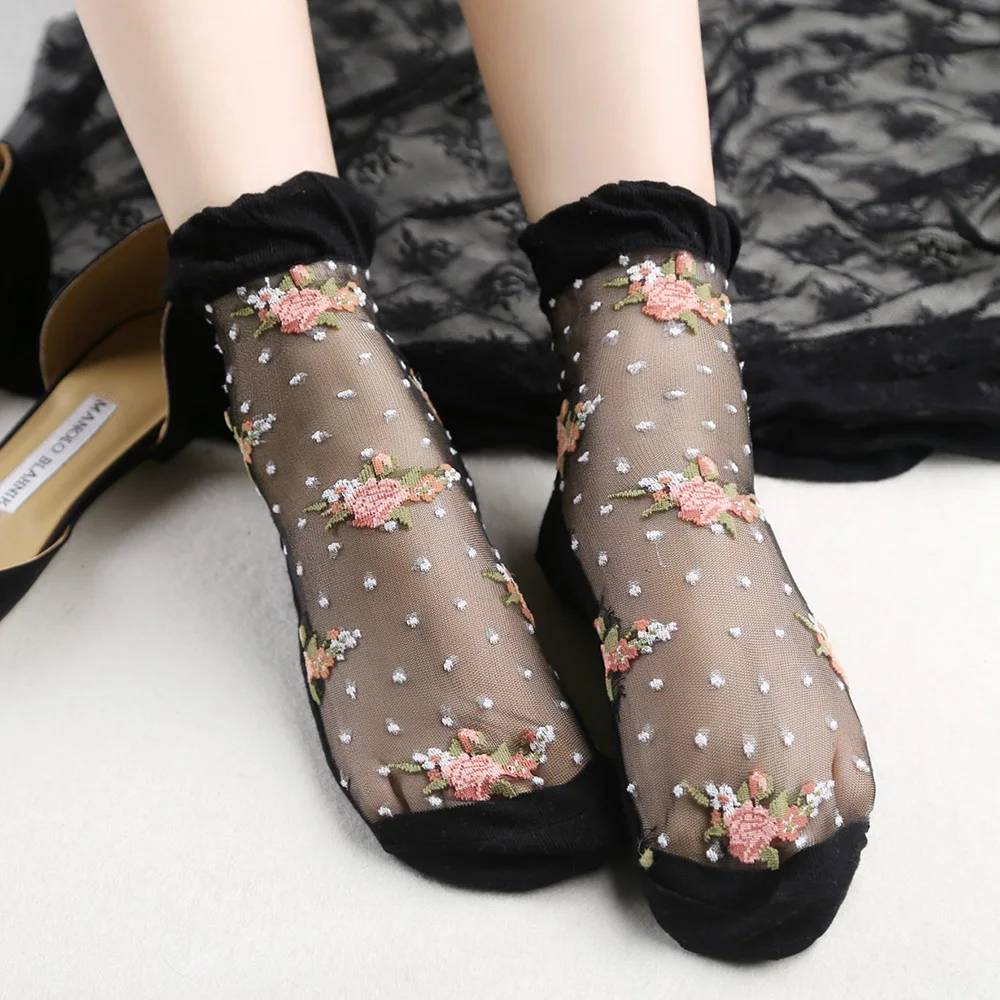 Women/'s Elastic Ultrathin Ankle Socks Short Stocking Crystal Lace Transparent.s