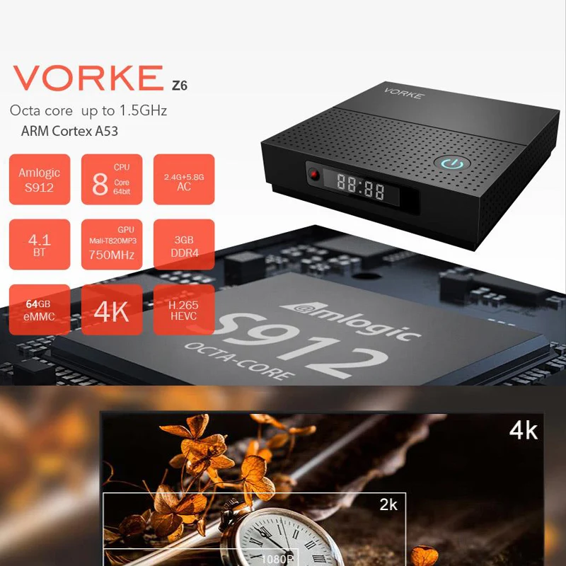 VORKE Z6 Plus Android 7.1.2 Smart tv BOX Amlogic S912 3GB DDR3 32GB eMMC 4K tv BOX 5,0 AC wifi 1000M Bluetooth 4,1