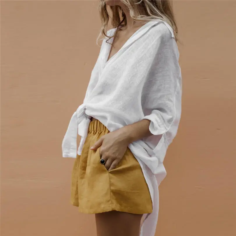 New Women Short Summer Hot Sale Beach Fashion Casual High Waist Loose Casual Cotton Linen Pockets Shorts Pants #4A19 (8)