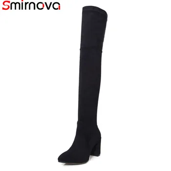

Smirnova 2018 NEW fashion pointed toe over-the-knee with zippper flock boots women square high heels women winter boots