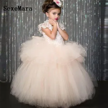 New Light Champagne Puffy Flower Girl Dresses Cap Sleeves Appliques Tulle Ball Gown Birthday Gowns Vestidos Longo Custom Made New Light Champagne Puffy Flower Girl Dresses Cap Sleeves Appliques Tulle Ball Gown Birthday Gowns Vestidos Longo Custom Made