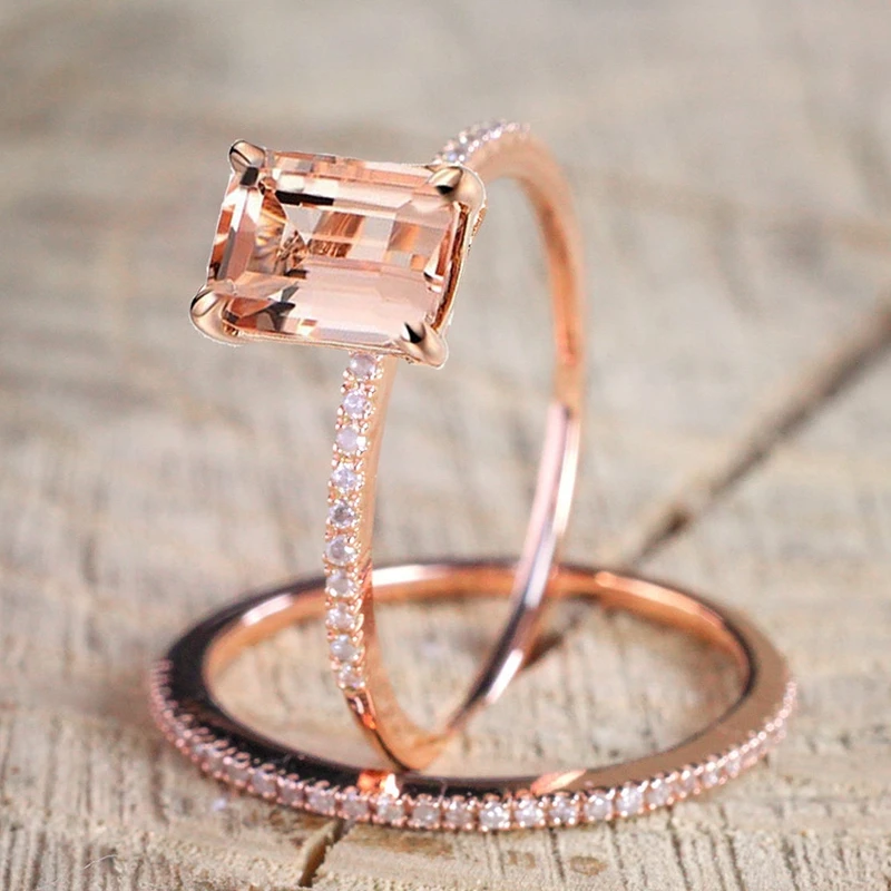 

SHUANGR Female Square Ring Set Luxury 18KT Rose Gold Filled Ring Vintage Wedding Band Promise Engagement Rings For Women