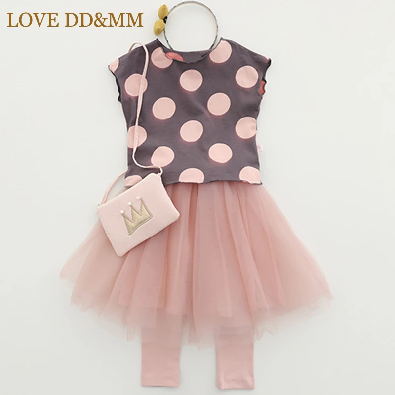 

LOVE DD&MM Girls Sets 2019 New Children's Clothing Dot Sleeveless T-Shirt + Fake Two Net Yarn Skirt Trousers Two-Piece Suit