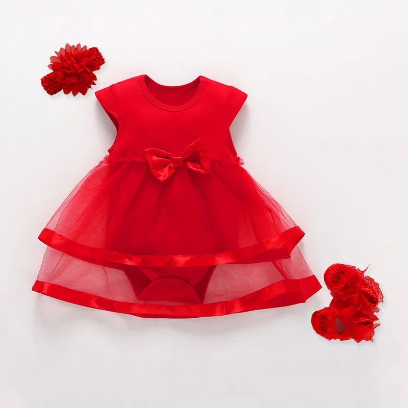 

Hot Newborn Baby Dress Summer Mesh Cotton Baby Girl Clothes Summer 3pcs 2019 Shoes+Hairband Baby Girl Dresses 3 6 Months Baptism
