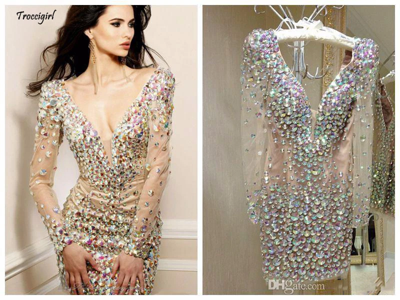 37-1               Bling Rhinestone Cocktail Dresses Party Gowns Sexy Deep V Neck Long Sleeve Short Prom Dress Special Occasion Dresses for Women Real Image